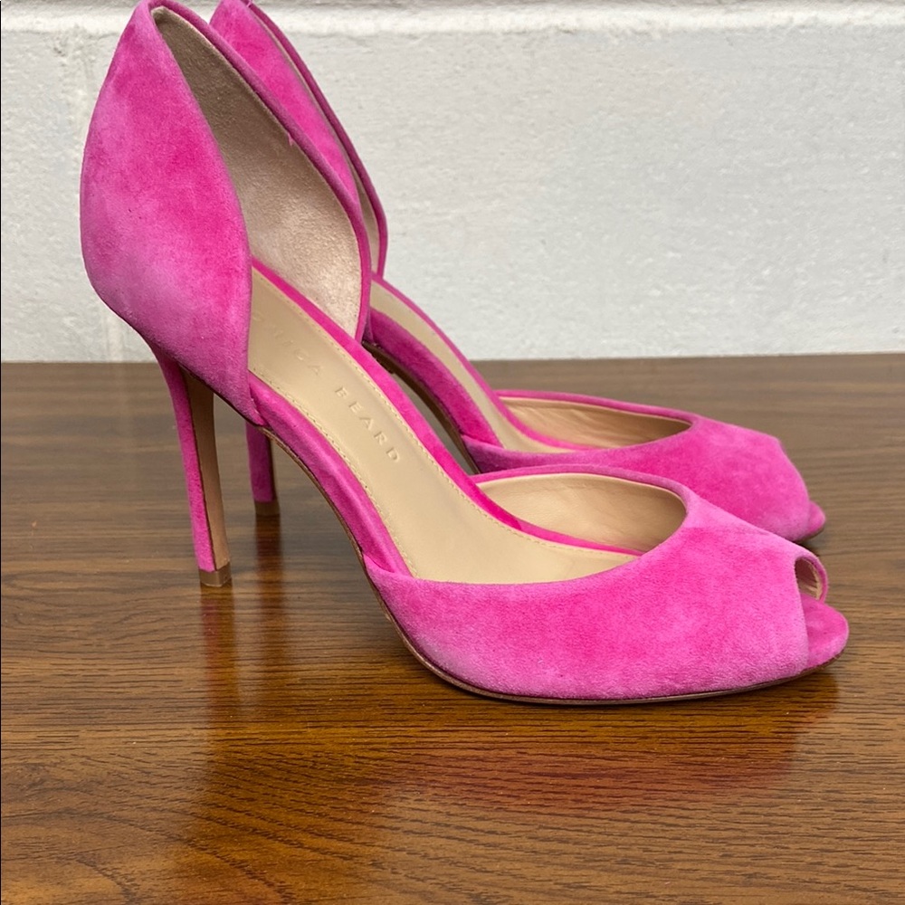 Veronica Beard Gadot Fuschia Suede‎ Leather Peep-Toe Heels Size 6M Barbie Pink - Picture 2 of 12